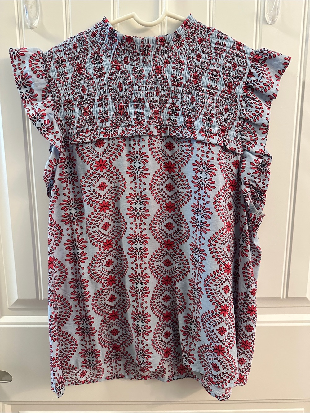 THML Smocked Ruffle Sleeve Top in Light Blue and Red